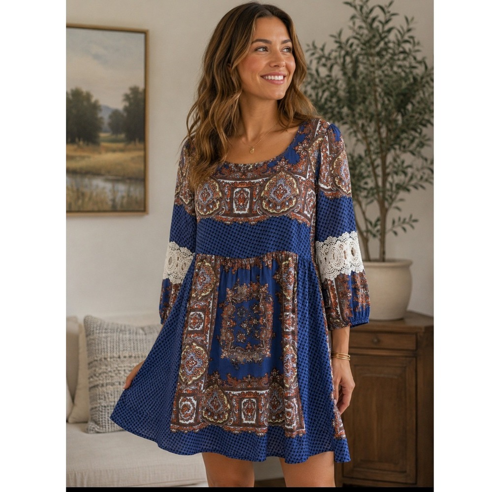 Umgee Blue Paisley Boho L Babydoll Dress Lace Sleeve Swing Tunic Western Hippie‎